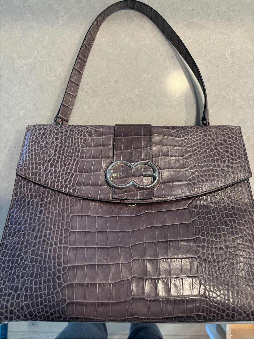Escada Croc-Embossed Top-Handle Shoulder Bag in Gray